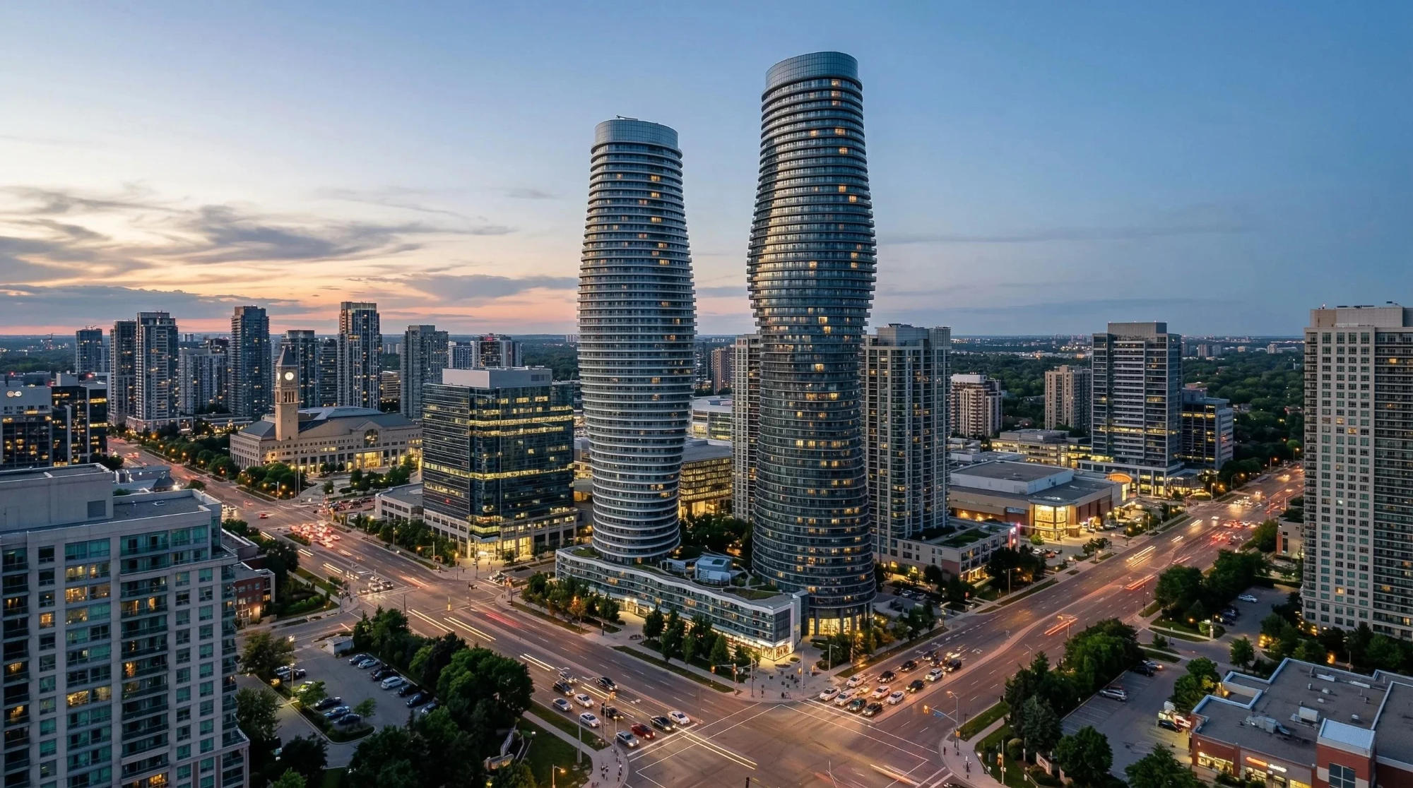 Aerial drone view of Mississauga's Absolute World towers at dusk